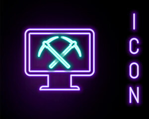 Glowing neon line Mining concept with monitor and pickaxe icon isolated on black background. Blockchain technology, cryptocurrency mining, digital money market. Colorful outline concept. Vector.