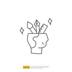 creativity related doodle icon concept with head, pen, ruler and brush symbol. Creative design, drawing, idea, Inspiration, brainstorming, startup and think stroke line vector illustration