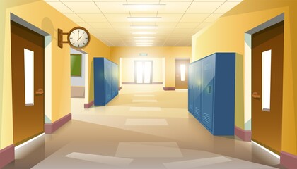 Vector cartoon style empty without pupils school hallway  with doors and clock on the wall.