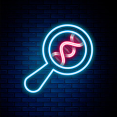 Glowing neon line DNA research, search icon isolated on brick wall background. Magnifying glass and dna chain. Genetic engineering, cloning, paternity testing. Colorful outline concept. Vector.