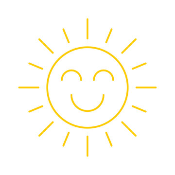 Yellow smiling sun line icon isolated on a white background. Vector illustration.