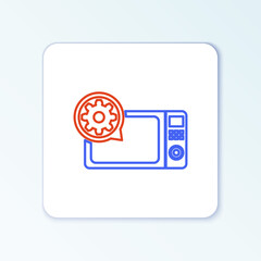 Line Microwave oven and gear icon isolated on white background. Adjusting app, service concept, setting options, maintenance, repair, fixing. Colorful outline concept. Vector.