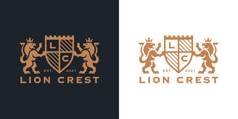 Luxury Lion crest heraldry logo. Elegant gold heraldic shield icon. Premium coat of arms brand identity emblem. Royal company label symbol. Modern vector illustration. - obrazy, fototapety, plakaty