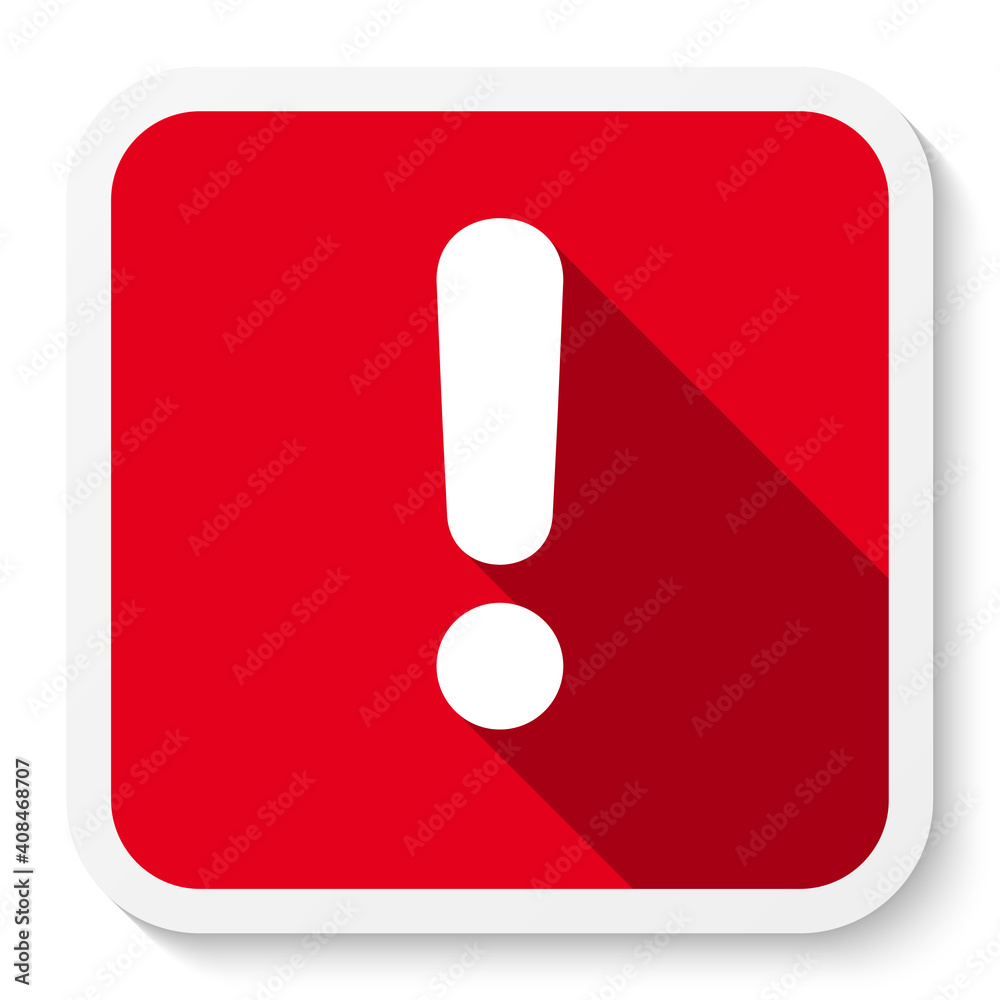 Poster red exclamation point sticker, icon, button. flat rounded square attention symbol isolated on a whit