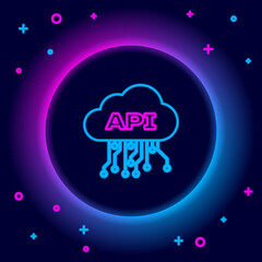 Glowing neon line Cloud api interface icon isolated on black background. Application programming interface API technology. Software integration. Colorful outline concept. Vector.