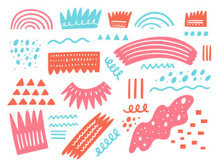 Abstract shapes and phrases doodle elements set. Hand drawn comic vector illustration.