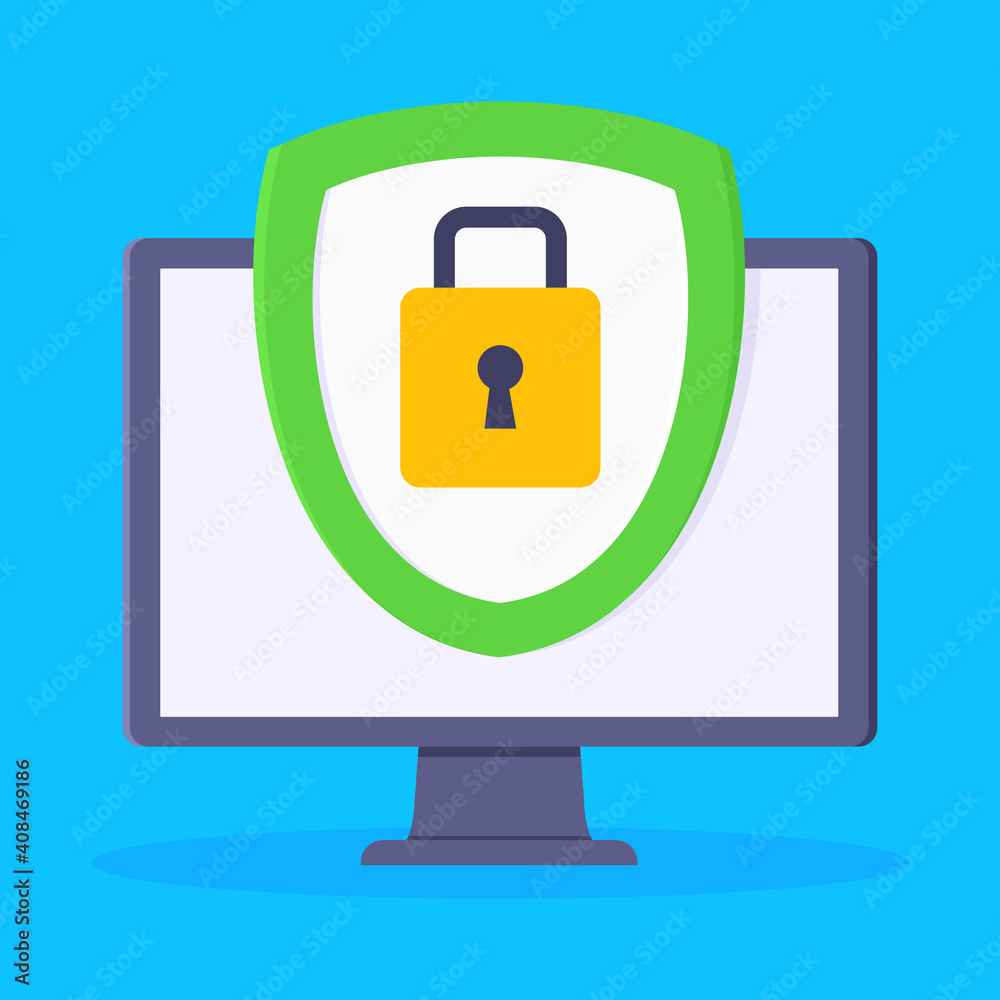 Wall mural privacy policy, safety lock and data protection metaphor. shield with padlock on the computer monito