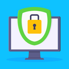 Privacy policy, safety lock and data protection metaphor. Shield with padlock on the computer monitor screen with personal data security protection symbol flat style design vector illustration.