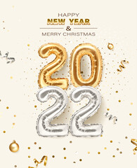 2022 golden decoration holiday on beige background. Shiny party background. Gold foil balloons numeral 2022 with realistic festive objects, glitter gold confetti and serpentine. Happy new year 2022