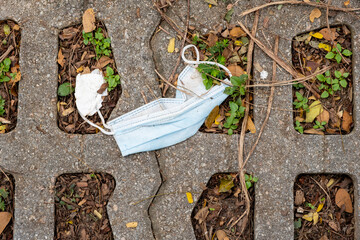 N-95 Surgical Mask, Dirty and Weathered on The Floor Surrounded By Green and Brown Leaves. Stock Photo.