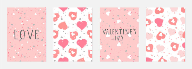 Valentine day cards with watercolor hearts,  grunge elements and hand drawn lettering. Vector backgrounds set.