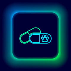 Glowing neon line Dog and pills icon isolated on black background. Prescription medicine for animal. Colorful outline concept. Vector.