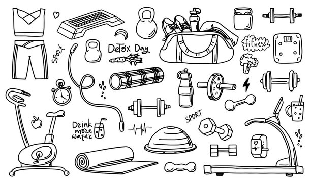 Set of hand drawn sport doodle with ball, bottle, medal, food, diet, fitness and gym elements. Cartoon sketch style. Vector illustration for healthy and activity life design concept.