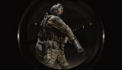 Image from the peephole of the apartment. A soldier of a special forces group knocks out the front door with an assault ram. SWAT concept. Anti-terrorism, fight against crime.