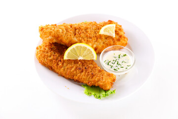 crispy breaded fish with sauce  isolated on white background