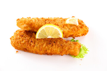 crispy breaded fish with sauce  isolated on white background