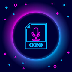 Glowing neon line OGG file document. Download ogg button icon isolated on black background. OGG file symbol. Colorful outline concept. Vector.