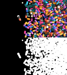 3D illustration of medicine pills flow with alpha layer