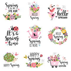 Spring labels with season calligraphy quotes, flowers, wreathes. Hand drawn vector illustration.