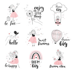 Little girl with bird, cute princess card with calligraphy text. Hand drawn vector illustration set.