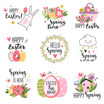 Easter greeting cards with spring flowers and calligraphy text. Hand drawn vector illustration.