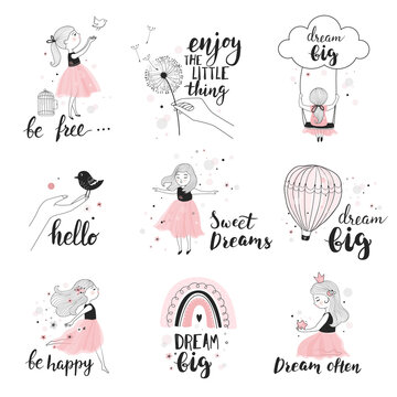 Little girl with bird, cute princess card with calligraphy text. Hand drawn vector illustration set.