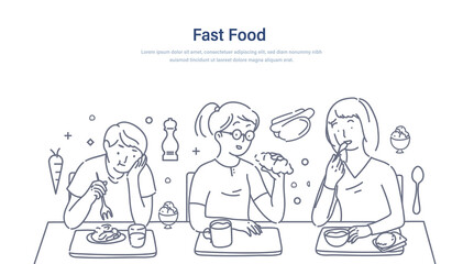 Students lunch time. Group of young people eating fast food, ice cream, sweet, drink coffee. Friends students sitting together at the table chatting communicate together and having lunch