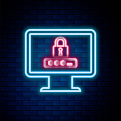 Glowing neon line Monitor with password notification and lock icon isolated on brick wall background. Security, personal access, user authorization, login form. Colorful outline concept. Vector.