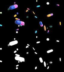 3D illustration of medicine pills flow with alpha layer