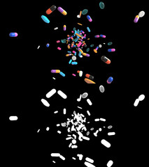 3D illustration of medicine pills flow with alpha layer