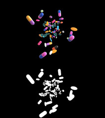 3D illustration of medicine pills flow with alpha layer