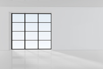 Blank interior office with window. White wall in empty room. 3d rendering.