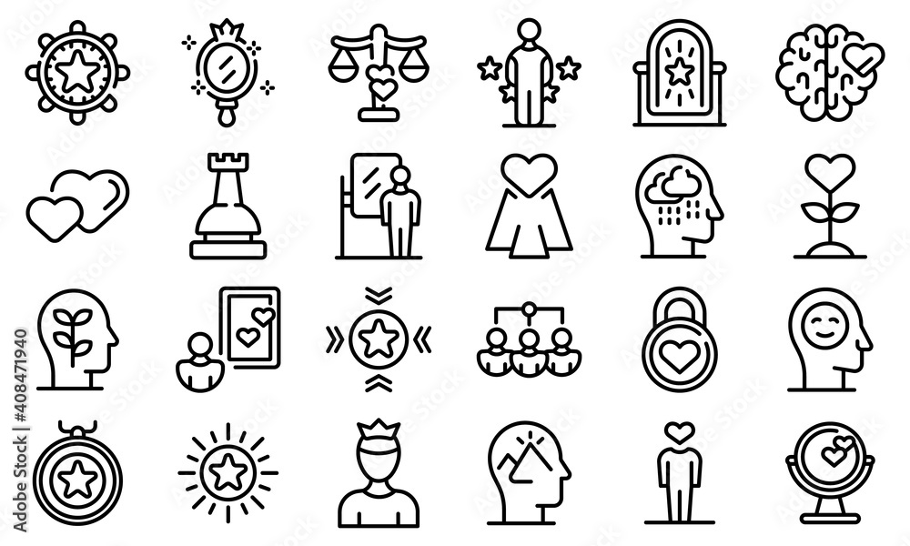 Poster self-esteem icons set. outline set of self-esteem vector icons for web design isolated on white back