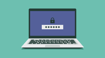 laptop computer with lock and password security access or verification code notification, vector flat illustration © ST.art
