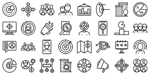 Target audience icons set. Outline set of target audience vector icons for web design isolated on white background