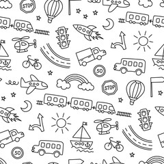 Children drawing of cars, train, plane, helicopter and rocket. Doodle transport. Seamless pattern in kid style. Hand drawn vector illustration on white background