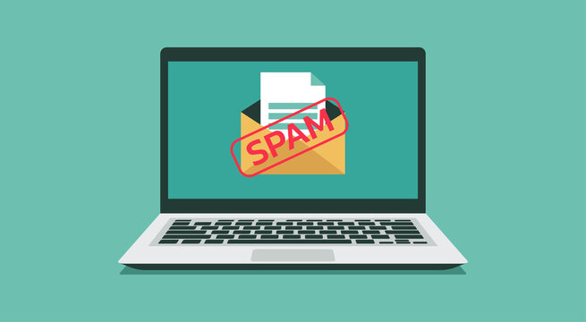 envelope with spam email warning appear on laptop computer screen, concept of virus malware software, piracy hacking and security, vector flat illustration