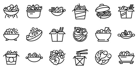 Wok menu icons set. Outline set of wok menu vector icons for web design isolated on white background - obrazy, fototapety, plakaty