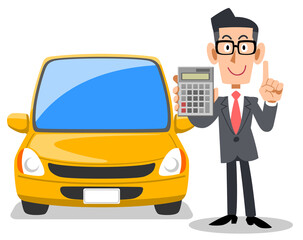 計算機を見せるスーツの男性と車
