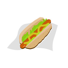 
hot dog with juicy sausage and mustard salad. Illustration of fast food, street food.