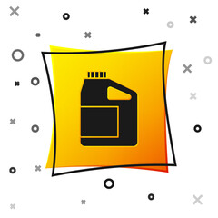 Black Canister for motor machine oil icon isolated on white background. Oil gallon. Oil change service and repair. Engine oil sign. Yellow square button. Vector.