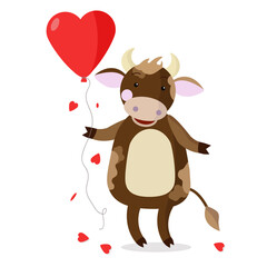 Bull in love With a large red heart-shaped balloon and thrown paper hearts. Vector illustration on white background with cute character for Valentine's Day greeting card.