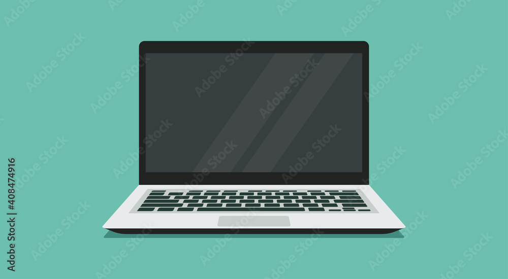 Fototapete laptop computer with blank empty display screen for copy space and text on workplace, vector flat il