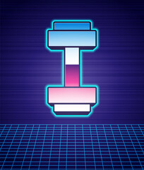 Retro style Dumbbell icon isolated futuristic landscape background. Muscle lifting icon, fitness barbell, gym, sports equipment, exercise bumbbell. 80s fashion party. Vector.