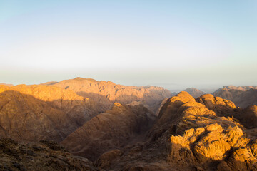 Sunrise at mount sinai summit. Road on which pilgrims climb the mountain of Moses. Egypt, Sinai, Mount Moses