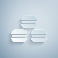 Paper cut Macaron cookie icon isolated on grey background. Macaroon sweet bakery. Paper art style. Vector.