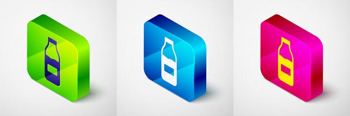 Isometric Closed glass bottle with milk icon isolated on grey background. Square button. Vector.