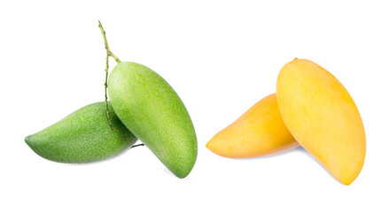 Yellow mango and green mango on white background