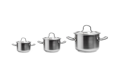 Set of 3 different isolated metal pot with lid cookware, cooker