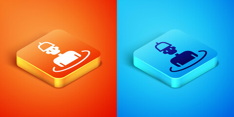 Isometric Man in the sauna icon isolated on orange and blue background. Vector.